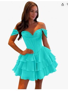 Teal Tiered Off the Shoulder Mini Dress with Sweetheart Neckline and Corset Back